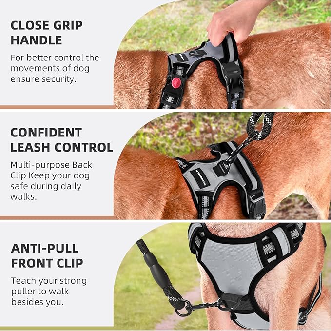 No Pull Dog Harness with A Free Heavy Duty 5ft Dog Leash, Adjustable Soft Padded Dog Vest, Reflective No-Choke Pet Oxford Vest with Easy Control Handle and Dog Leash for Dogs (Grey, Large)