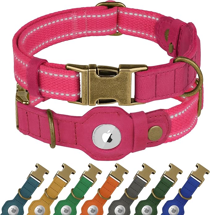 Reflective Leather Dog Collar with AirTag Holder - Soft Apple Airtag Dog Collar with Metal Buckle - Safety Cotton Pet Collars for Dogs Small Large Dogs Puppy (Pink, XL, 20"-25")