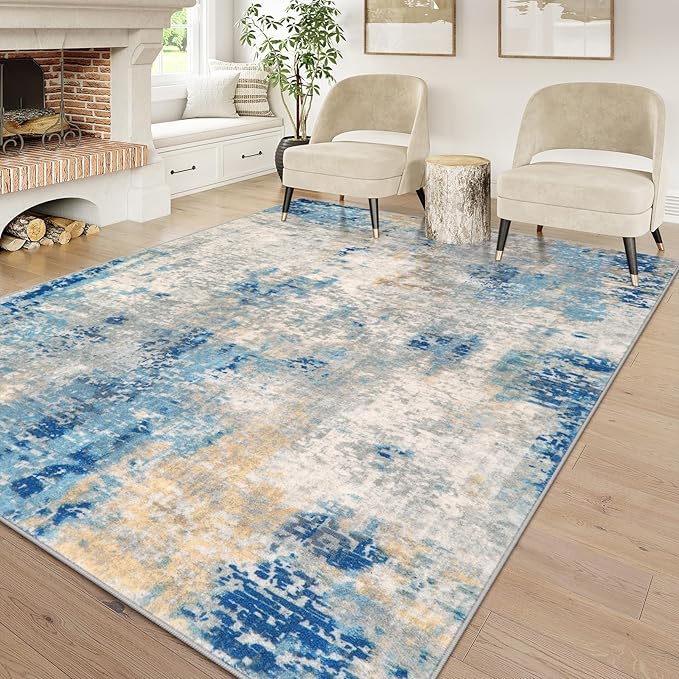 Lahome Modern Abstract 6x9 Area Rugs for Living Room, Washable Accent Bedroom Rug Low Pile Stain Resistant, Blue Soft Indoor Contemporary Carpet for Dining Room Table Apartment