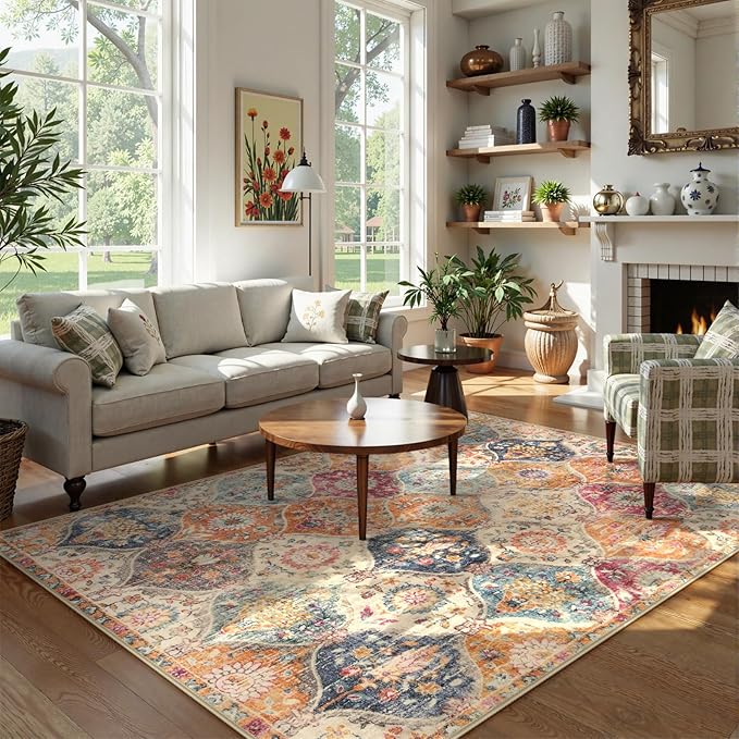 Lahome Moroccan Trellis Washable Small Area Rug, 3x5 Area Rug for Bedroom Living Room, Non-Slip Oriental Accent Throw Carpet for Kitchen Office Entryway Bathroom Office, Cream/Multi