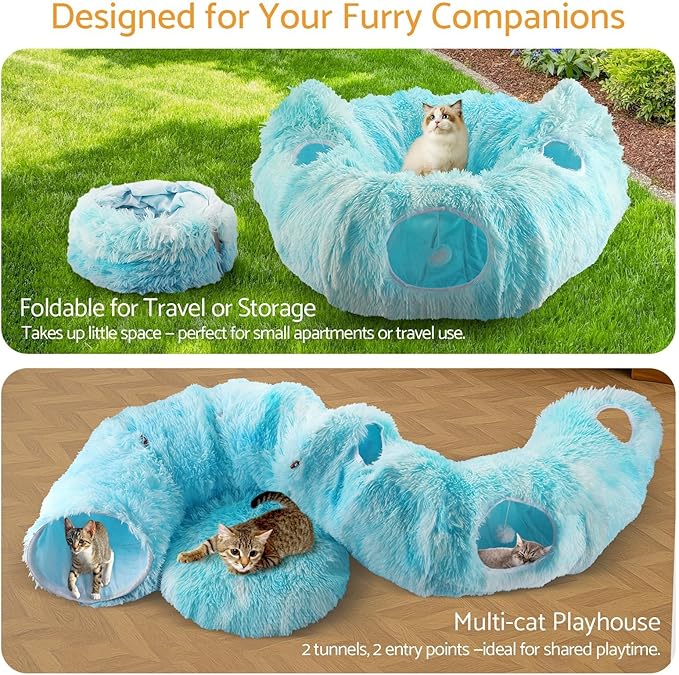 Cat Tunnel Bed, 3-in-1 Collapsible Cat Tube with Removable Washable Cushion, Multi-Shape (U/S/Half-Round) Playhouse with Peekaboo Holes, Hanging Balls & Cat Ears for Cats, Small Dogs, Rabbits