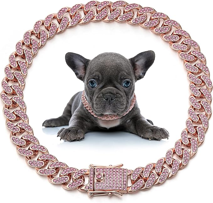 LEIFIDE Dog Chain Collar Diamond Link Puppy Collar 12 mm Wide Dog Necklace Metal Cat Chain Pet Crystal Necklace Jewelry Accessories for Small Medium Large Pet(20 Inch,Rose Gold, Pink)