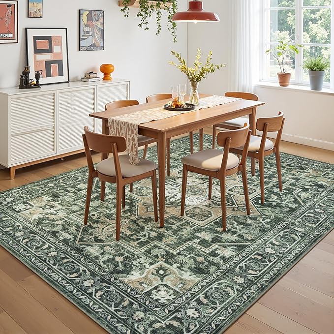 Lessymo 6x9 Area Rugs for Living Room, Green Washable Rug for Dining Room Bedroom Kitchen, Soft Vintage Carpet Non Slip Low Pile Boho Rug Stain Resistant for Nursery Home Office Indoor, Green/Yellow