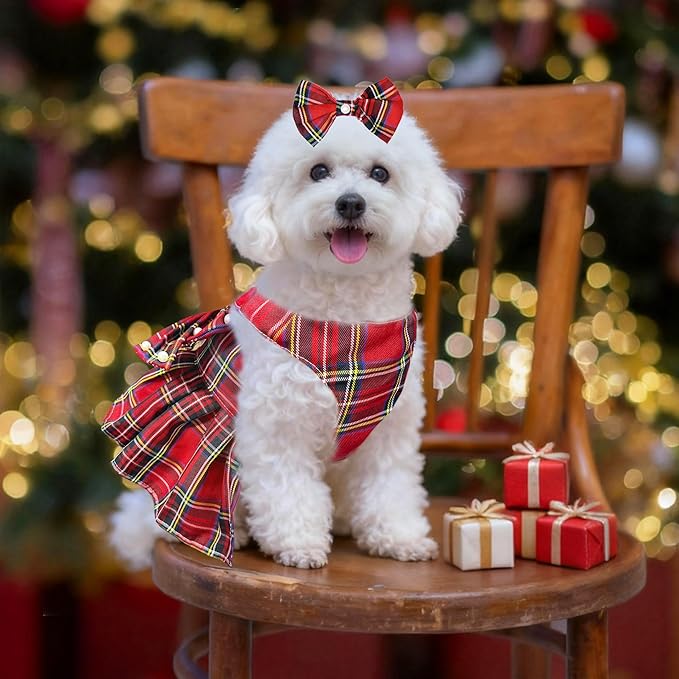 Dog Dress Bowknot Harness Leash Set for Small Dogs Girl Cute Plaid Dog Dress Pearls Bow Tie Spring Summer Princess Clothes Birthday Holiday Doggie Outfits for Puppy Cats Girl (Lake Blue, Small)