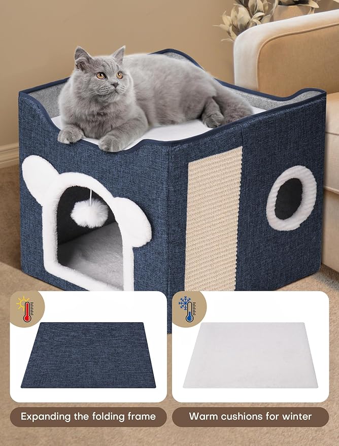 Cat Houses for Indoor Cats, Large Cat Cave with Fluffy Ball and Scratch Pad, Covered Cat Bed House, Foldable Cat Hideaway