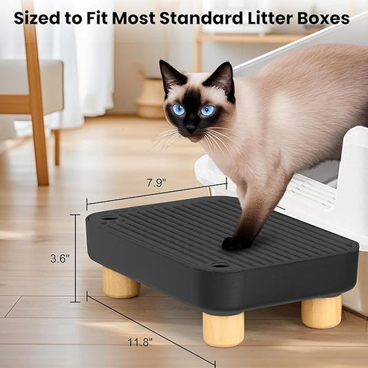 Litter Box Step, Litter Box Ramp/Catcher with Wooden Base, Anti-Tracking & Easy to Clean, Ideal for Small & Elderly Cats (Black)