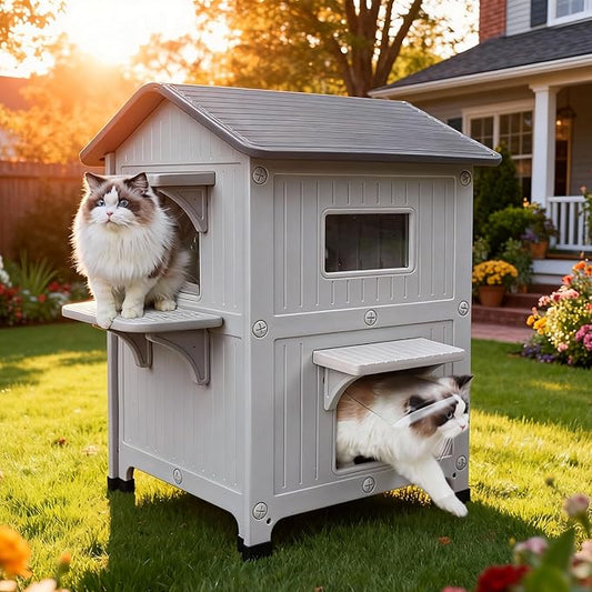 Rockever Plastic Insulated Outdoor Cat House with Escape Door, 2 Story Waterproof Cat House for Outdoor Cats for Feral Cats, Elevated Outside Cat Shelter, Clean and Assemble Easily