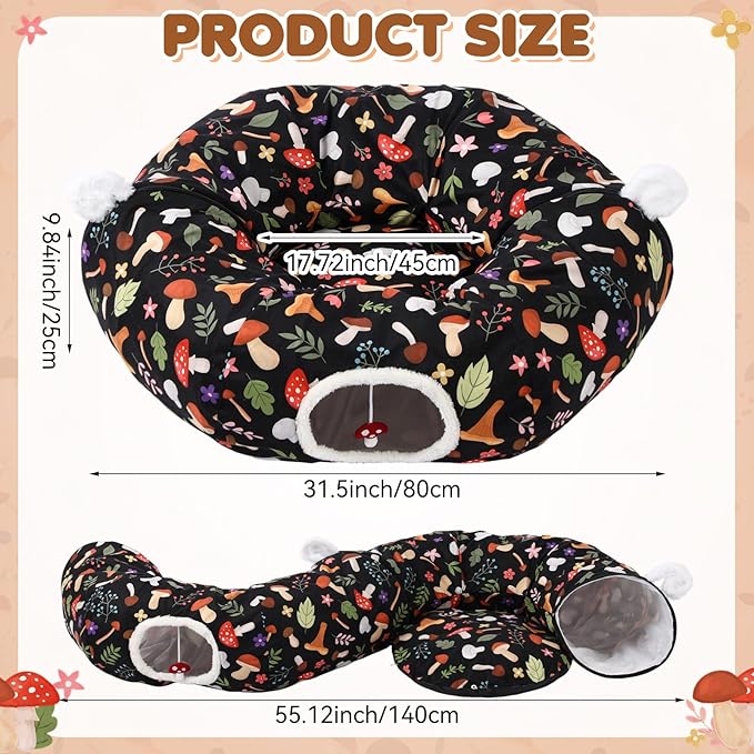 Aliceset Mushroom Spring Cat Tunnel Bed for Indoor Cats 3ft x 3ft x 10in Foldable Cat Donut Tunnel with Washable Cushion Mushroom Pet Peekaboo Cave Toy for Small Kitten Kitty