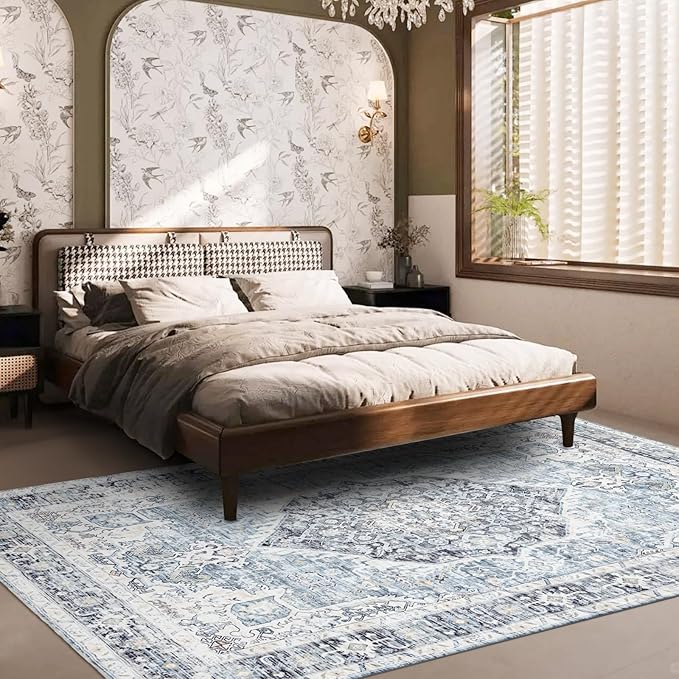 Area Rug 6횞9, Large Vintage Boho Rug,Ultra-Soft Low Pile, Washable, Non Slip,Stain Resistant, Printed Carpet for Living Room Bedrooms Playroom Office Kitchen, Light Blue