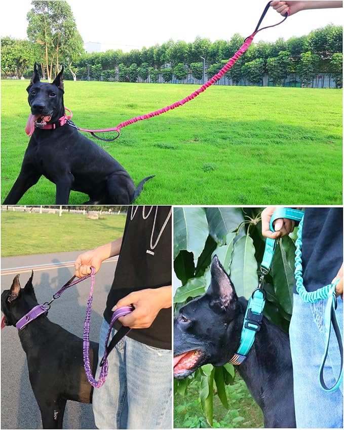 AUBELL Tactical Dog Collar and Leash Set, Reflective Adjustable Heavy Duty Military K9 Collars with Handle and Metal Buckle for Large Dogs, with Airtag Case and 2 Patches(Pink,L)