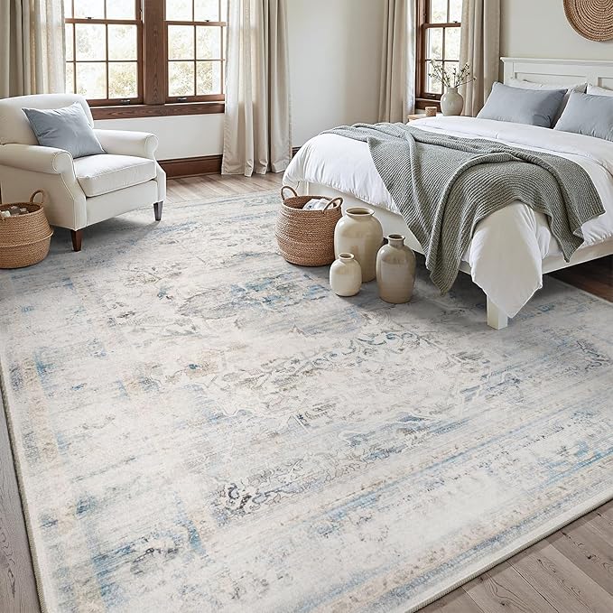 DCX 8x10 Haze Blue Rug, Machine Washable Stain Resistant Distressed Vintage Rug, Kid & Pet Friendly with Rubber Back Non Slip Soft Low Pile Large Carpet for Living Room, Bedroom, Home Office