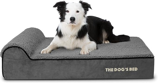 The Dog’s Bed Orthopedic Memory Foam Dog Bed with Headrest, Plush Fabric, Grey Plush, L, 6-Inch
