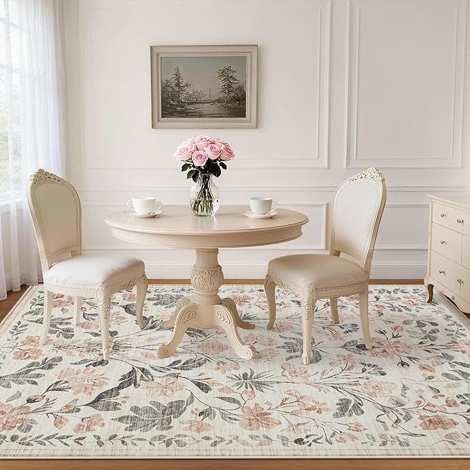 6x9 Area Rugs Washable Rug: Lagre Boho Living Room Rug Soft Non-Slip Thin Carpet Indoor Floor Non-Shedding Neutral Floral Carpets for Bedroom Dining Room Farmhouse Nursery Pink