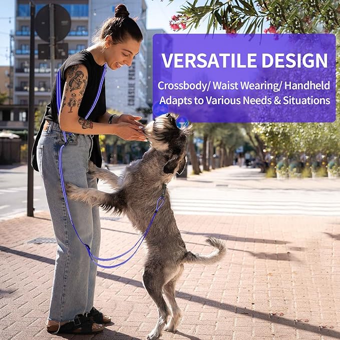 Kazazoo Hands-Free Dog Leash Adjustable Length 5-8 Ft, Waist for Dog Walking, Running for Small &Medium Dogs with Reflective Strips, Ballistic Nylon, Waist Belt, Lightweight Blue