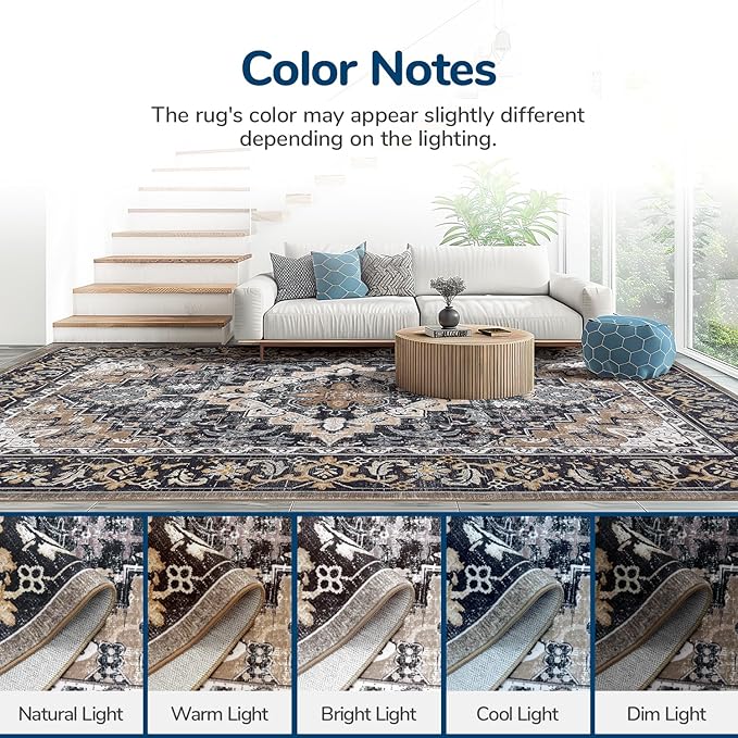 Lessymo 8 x 10 Area Rugs for Living Room, Machine Washable Area Rugs Boho Faux Wool Low Pile Area Rug for Bedroom, Floral Medallion Vintage Rugs with Non-Slip Rubber, Kid & Pet Friendly,Black Brown