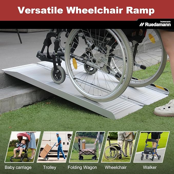 Ruedamann 2 Feet Portable Wheelchair Ramp for Doorways, Non-Slip Aluminum Wheelchair Ramp, Folding Ramp for Home Steps, Threshold Ramp for Wheelchairs, Scooters, Steps, Stairs, Walkers, Pets