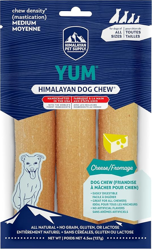 Himalayan Dog Chew Yak Cheese Dog Chews, Lactose Free & Grain Free, USA Made, for All Dog Breeds, Medium Density Cheese Chew, Resealable Pouch with 3 YUM Treats, Cheese Flavor
