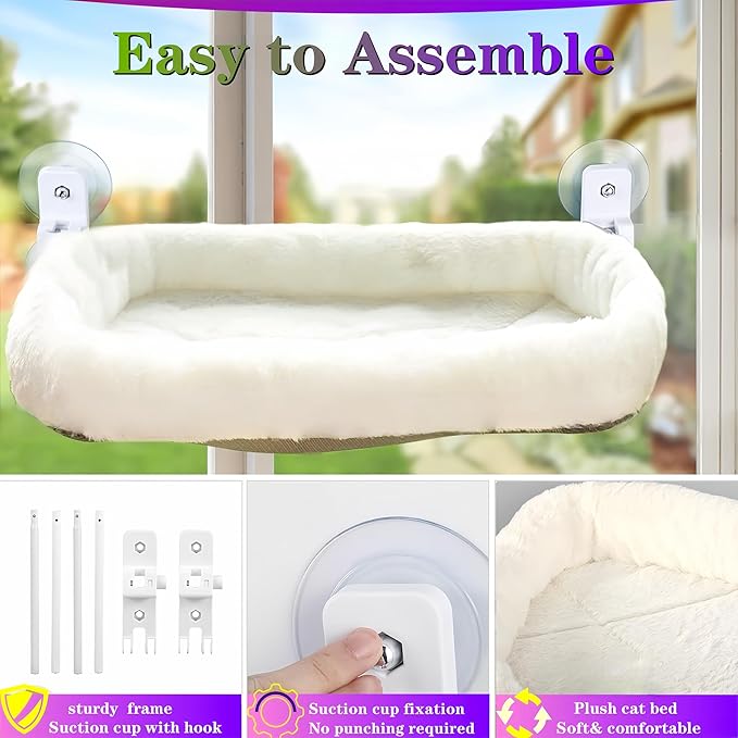 Cat Window Perch Cat Hammock Foldable Hanging Bed，Upgrade Strong Suction Cups Sturdy Holds Up to 25kg,Easy to Assemble,Reversible Cover 53 * 30cm (White, M-52CM)