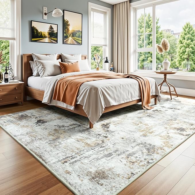 8x10 Area Rugs for Living Room, Abstract Neutral Large Washable Rug, Indoor Soft Non-Slip Floor Carpet for Bedroom Dining Room Home Decor, Brown/Grey