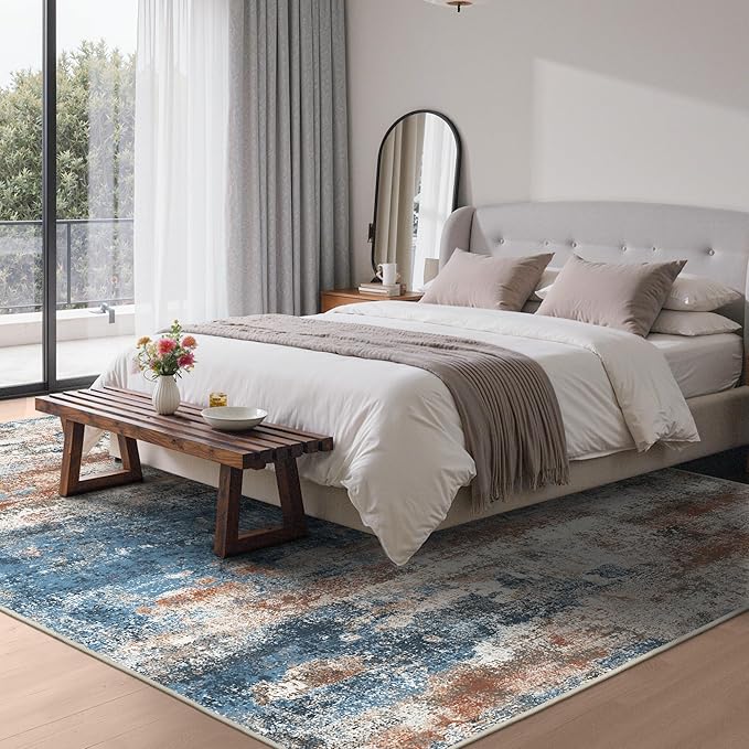 Area Rugs 8x10 for Living Room Bedroom, Modern Abstract Machine Washable Rug, Large Soft Low Pile Floor Carpet with Non Slip Backing for Dining Room, Blue/Brick