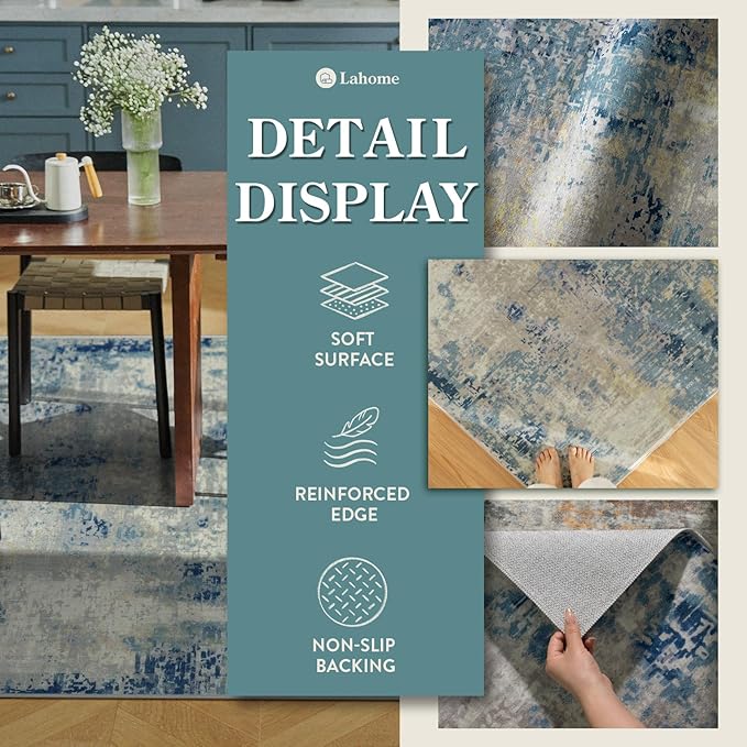 Lahome Modern Abstract Living Room Rug, Washable 8x10 Area Rugs for Bedroom Stain Resistant Non Slip, Large Blue Soft Indoor Carpet for Dining Room Table Apartment, Blue/Grey