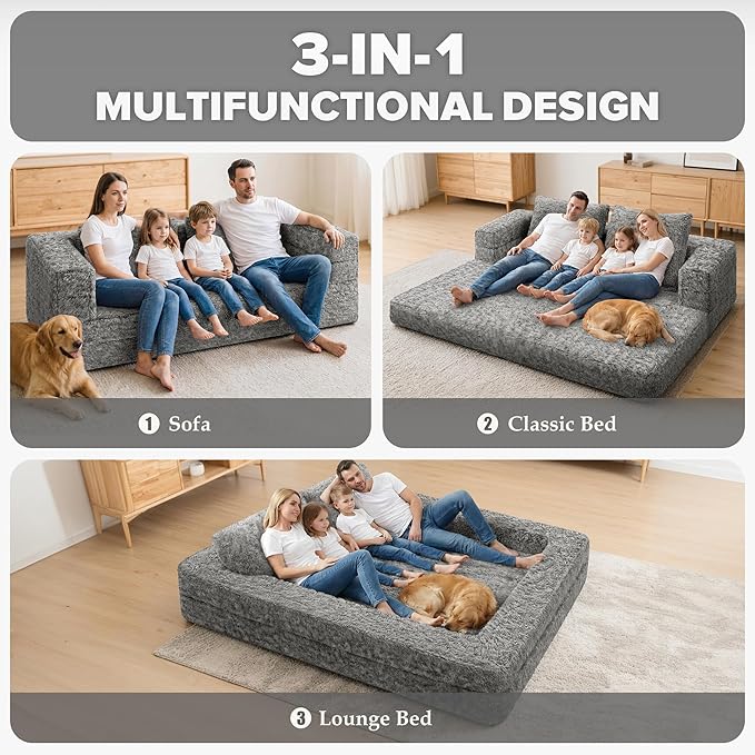HABUTWAY Convertible Sofa Bed,3-in-1 Folding Futon Sofa Bed with Pillow, Foldable Sleeper Sofa Bed with Removable Cover,Plush Boneless Floor Chair Couch Lounge for Living Room,(Queen,Light Grey)