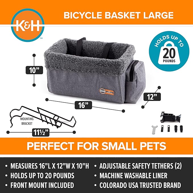 K&H Pet Products Bike Basket Front Dog Carrier, Universal Fit Cat Dog Pet Bike Basket with Front Bicycle Mount Included, Washable Liner, Strong Metal Basket, 2 Safety Leashes - Large 16 X 12 X 10in