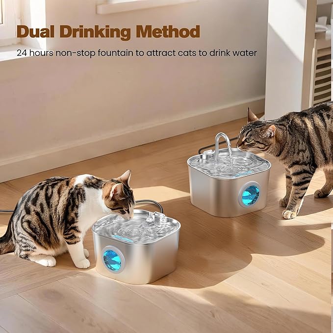 Cat Water Fountain with 8 Filters + 5 Sponges,Small Pet Waterer Dispenser Fountains for Drinking Cats Indoor Metal Automatic Waterer Bowl 24/7 Running Auto Kitty Watering Supplies Quiet Pump
