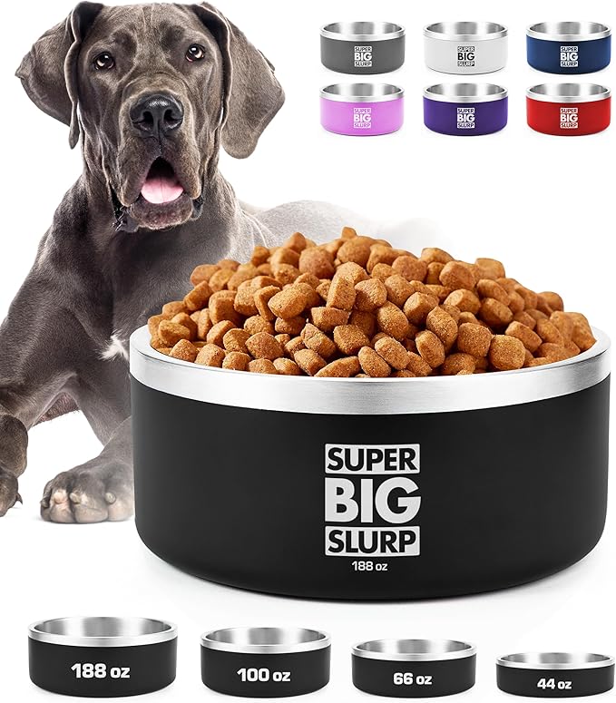 Tuff Pupper Heavy Duty Insulated Dog Bowl | Double Wall Stainless Steel Dog Food Dish | Non-Slip Spill Proof Dishwasher Safe Cat Bowl | Water Dish for Feeding Large Medium Small Pets (188oz, Black)