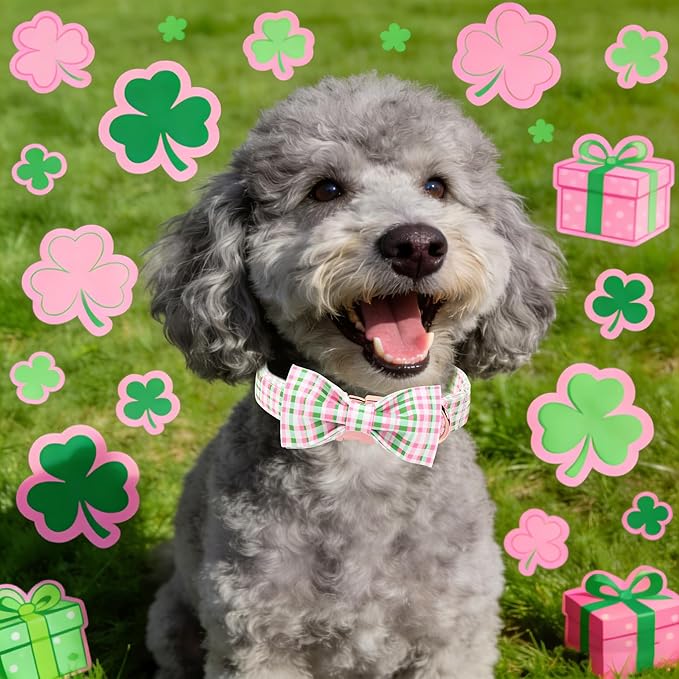 Maca Bates St. Patrick's Day Irish Plaid Dog Collar with Fancy Bow Tie,Cherry Pink Green Gingham Pattern for Medium Girl Boy Dogs,Adjustable Durable Soft Collars Gift for Male Female Puppy
