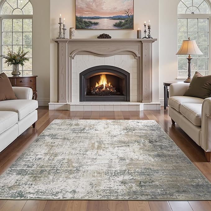 5x7 Area Rugs, Neutral Machine Washable Rugs for Living Room, Abstract Modern Soft Non-Slip Thin Print Floor Carpet for Bedroom Kids Room, Brown Tan