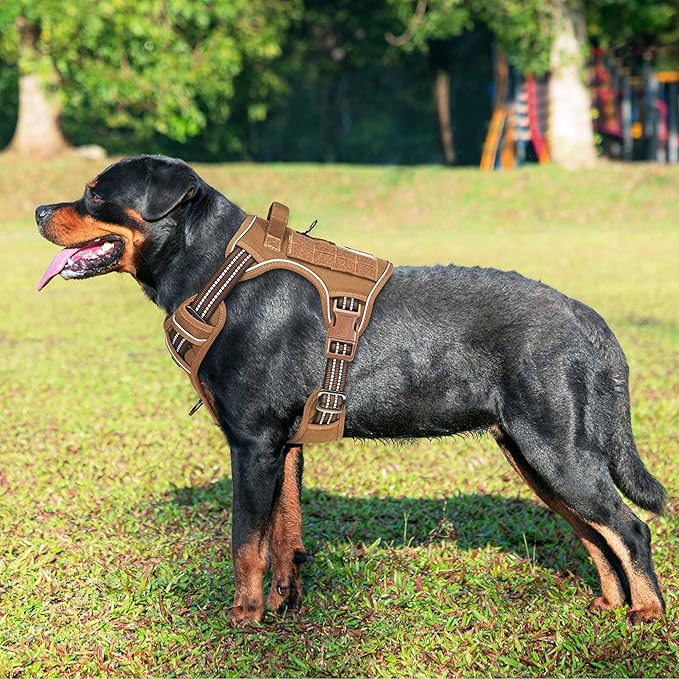 Heavy Duty Tactical Dog Harness for Large Dogs, No Pull Adjustable Pet Harness Reflective Service Training Easy Control Pet Vest Military K9 Working Dog Harnesses-X- Large, Brown