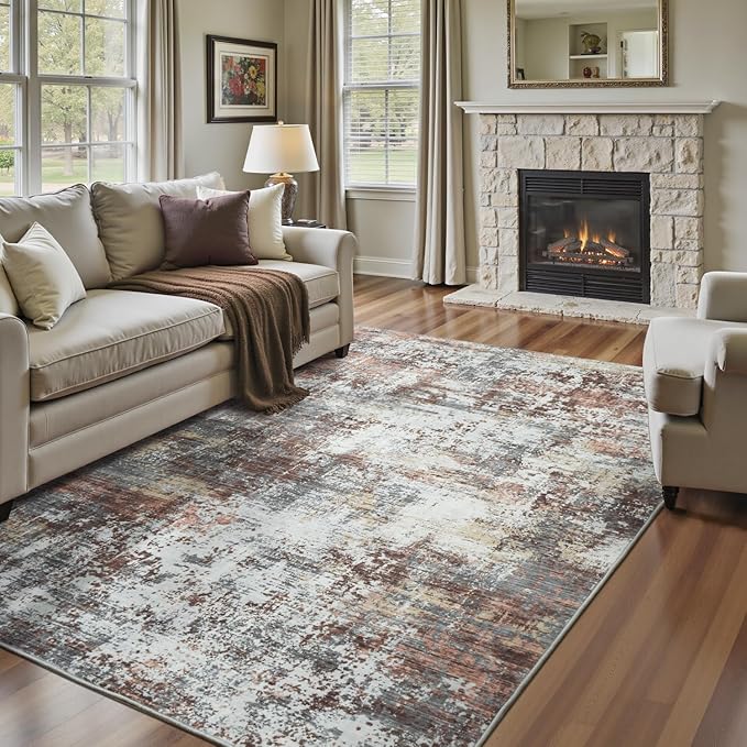6x9 Area Rugs for Living Room, Abstract Rug with Non-Slip Rubber Backing, Machine Washable Modern Colorful Carpet, Bedroom Dining Under Table, Soft Low Pile, Rust Red