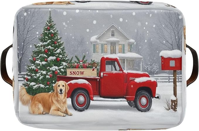 Christmas Tree Red Truck Storage Basket Fabric Laundry Baskets Winter Snowman Snowflake Golden Retriever Dog Storage Boxes Organizer Bag for Cloth Toy Book Storage Cubes Shelf Closet Bins 16×12×8