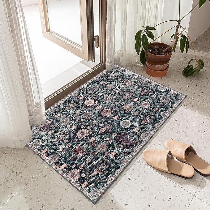 Lahome Black 2x3 Entryway Rug,Small Washable Kitchen Bathroom Rugs for Front Door Mat Indoor Entrance,Non-Slip Stain Fade Resistant,Floral Trellis Moody Farmhouse Decor