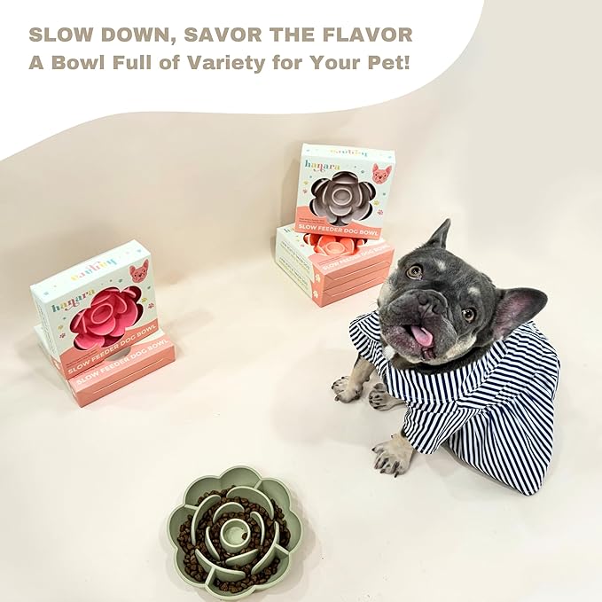 Hanara Sillicone Slow Feeder Dog Bowls & Lick Mat with Suction Bottom | Rose Petals Design | Promotes better digestion, prevent choking | Dish Washer Safe | Great Size For All Breed (Rose Quartz Pink)