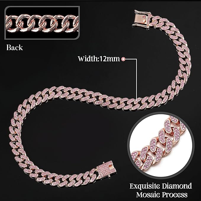 LEIFIDE Dog Chain Collar Diamond Link Puppy Collar 12 mm Wide Dog Necklace Metal Cat Chain Pet Crystal Necklace Jewelry Accessories for Small Medium Large Pet(10 Inch,Rose Gold, Pink)
