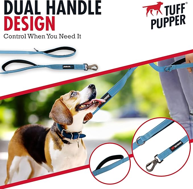 Tuff Pupper Heavy Duty Double Handle Leash | Twist Locking Carabiner Clip | Safety Lock for Strong Dogs | Reflective for Safe Night Walks | 6 Foot Leash | For Medium & Large Dogs