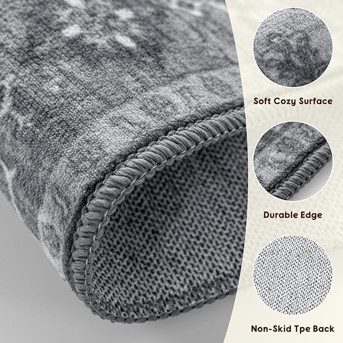 LBRO2M Boho Hallway Rug 2'X10’ Washable Runner Rugs Non Slip Low Piles Rugs Vintage, Soft, Dark Gray Area Rug Runners for Hallways, Bedroom, Kitchen Laundry Room Pattern Print (2'X10', Dark Gray)