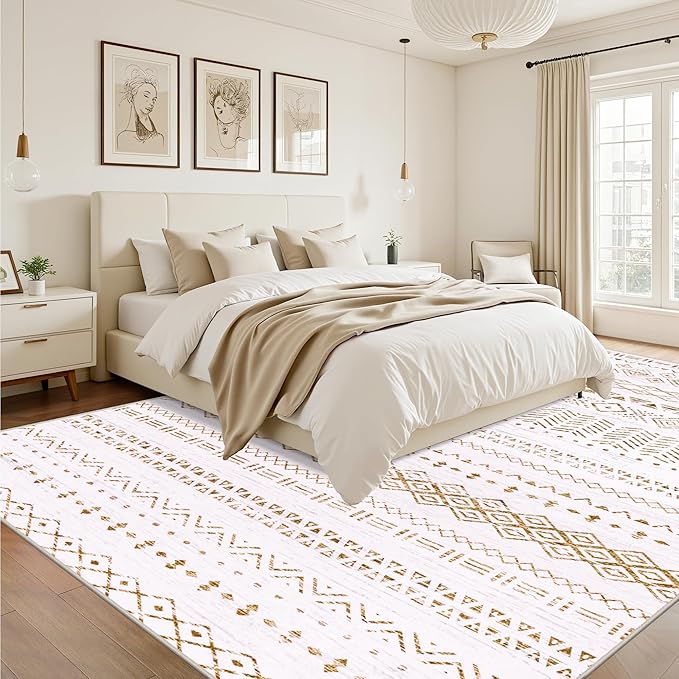 8x10 Area Rugs Living Room Rug: Washable Rug Neutral Lagre Soft Thin Carpet Indoor Floor Non Slip Boho Geometric Moroccan Carpets for Bedroom Dining Room Farmhouse Nursery Office - Brown
