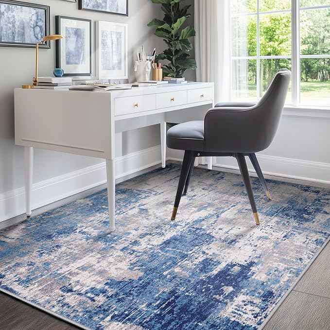 Washable Area Rugs 5'x8' Non-Slip Modern Abstract Soft for Living Room Entryway Bedroom Nursery, Print Pattern, Blue Grey Navy Gray