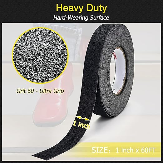 S&X Anti Slip Tape 1 Inch x 60 FT Roll, Black, Grit 60, Extended Length Non-Slip Skid Grip Tape for Outdoor Stair Treads, Wooden Steps & Exterior Grips ??Waterproof, Long-Lasting Tread Strips