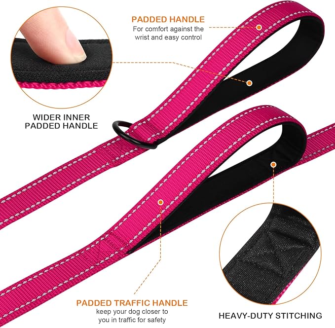 Joytale Dog Leash Heavy Duty for Large Dogs That Pull, Double Handle for Traffic Control, Double-Sided Reflective Leashes for Large Medium Dogs Night Safety, 5FT, Hot Pink