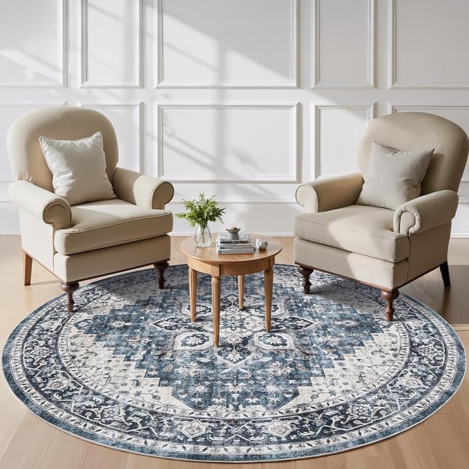 AMADA HOMEFURNISHING 8ft Area Rugs, Blue Low-Profile Washable Rug with Non-Slip Backing & Durable Edge Binding, Vintage Rugs for Living Room, Bedroom, Dinning Room