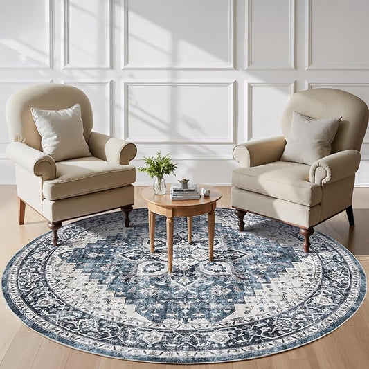AMADA HOMEFURNISHING 8ft Area Rugs, Blue Low-Profile Washable Rug with Non-Slip Backing & Durable Edge Binding, Vintage Rugs for Living Room, Bedroom, Dinning Room