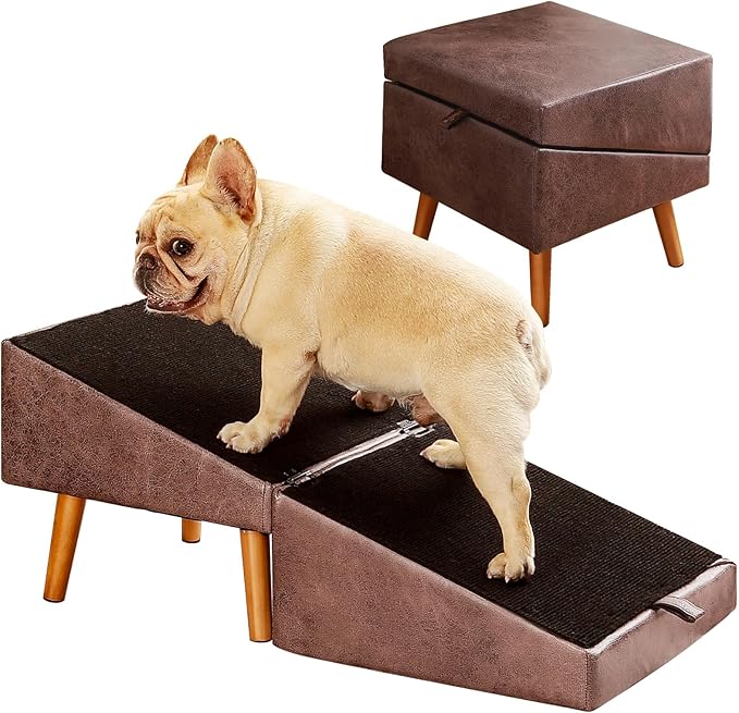 Dog Stairs for Small Dogs and Cats, Dog Ramp for Couch and Bed, Foldable 2-in-1 Wooden Pet Steps for Puppy, Split Ottoman Design（Brown）