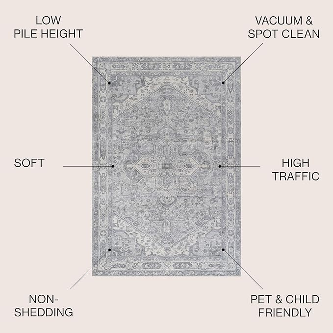 JONATHAN Y Modern Vintage Medallion Light Gray/Ivory 6' Round Indoor Area Rug, Country, Floral, Easy-Cleaning for Living Room, Bedroom, Kitchen, Pet Friendly, Non-Shedding (MDP106C-6R)