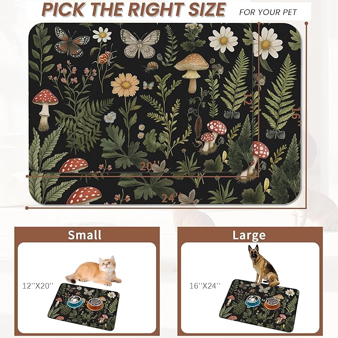 Red Mushroom Pet Feeding Mat,Fern Herb Butterfly Absorbent Quick-Dry Cat Dog Food and Water Bowl Mats,Non-Slip Rubber Backing Mat,Cat Dog Accessories Supplies 12"x20"
