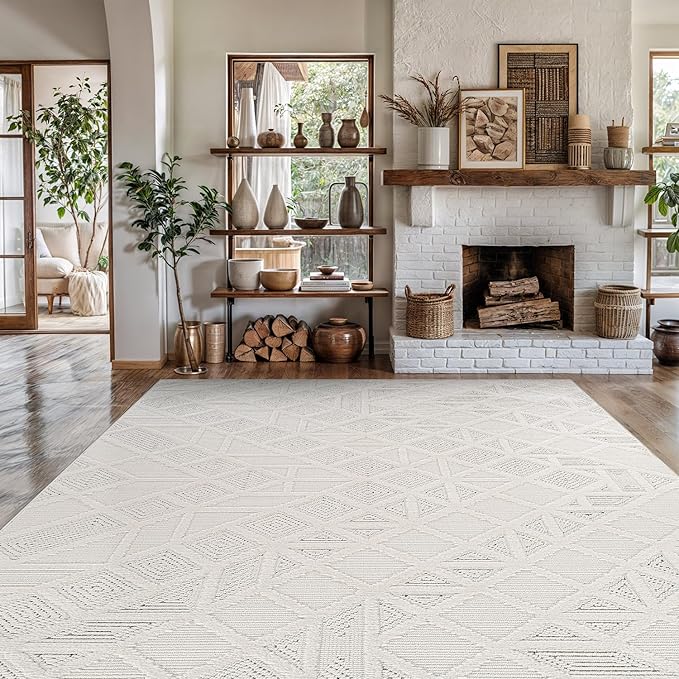 Modern Micro Loop Indoor Area Rugs for Living Room Bedroom Kitchen Geometric Square White 5x7 Luxury Durable Low and High Pile Non-Shedding Stain Resistant Soft Area Carpet 5 x 7