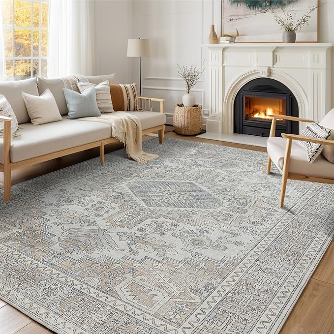 Machine Washable Rugs 6x9 Area Rugs for Living Room,Ultra Soft Low Pile Retro Rugs for Bedroom,Dining Room,Large Non Slip Carpet Vintage Distressed Accent Rug for Farmhouse Office Home Decor